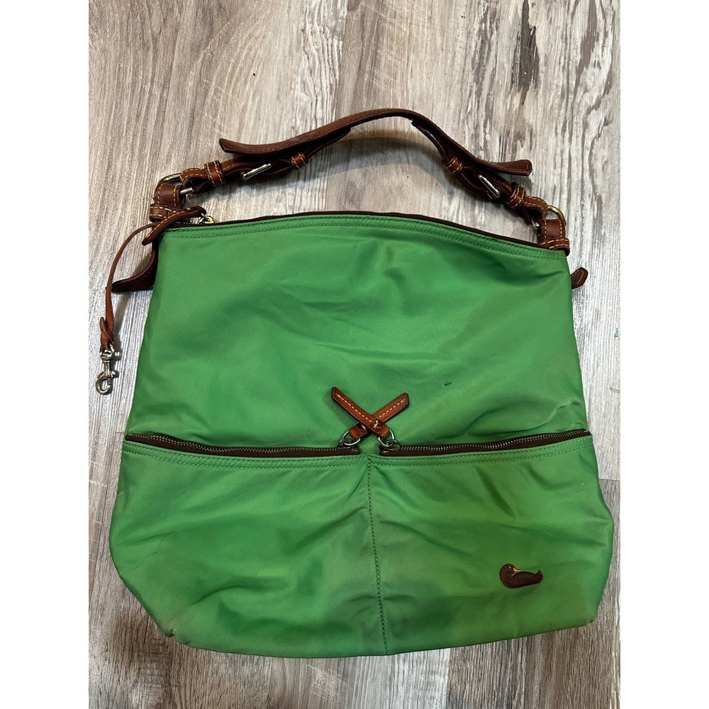 Dooney & Bourke Seville Green Nylon Hobo Bag Brown Leather Trim Duck Logo